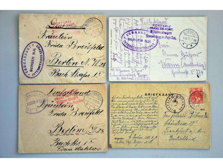 Bergen (N.H.) 8 poststukken 1915-1918 w.b. violet rondstempel militaire censuur I8, en ovaal commandant interneeringsdepot Be