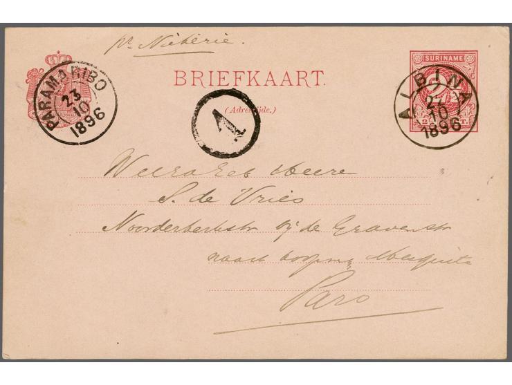 Briefkaart 2½ cent karmijn met mooi rondstempel Albina 22-10-1896 naar Paramaribo met geschreven per Nickerie, pracht ex.