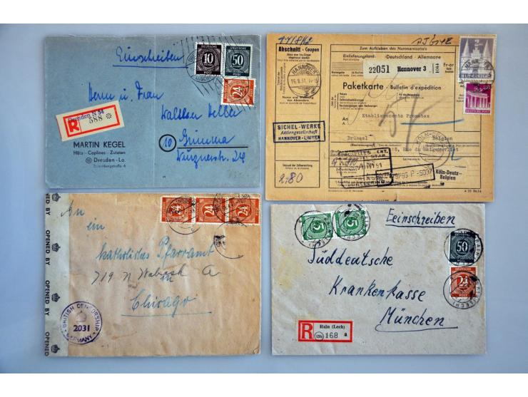180 poststukken w.b. Zehnfach Frankaturen, Band en Netz opdrukken, Franse Zone, Schwarzungen, Gebühr bezahlt, postwaardestukk