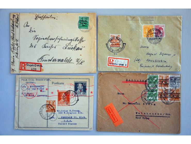 180 poststukken w.b. Zehnfach Frankaturen, Band en Netz opdrukken, Franse Zone, Schwarzungen, Gebühr bezahlt, postwaardestukk