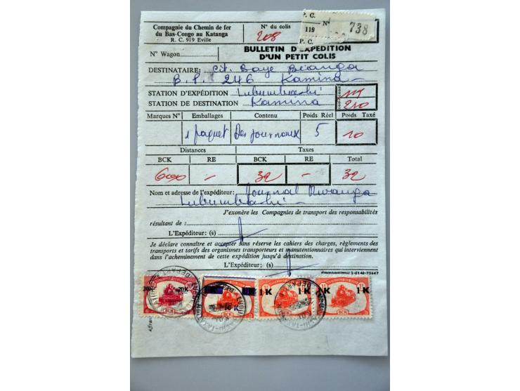 Locomotief BCK met overdrukken 1K in paar, 20K en 10K op 1K op pakket formulier alle gestempeld Lubumbashi taxation KDL depar