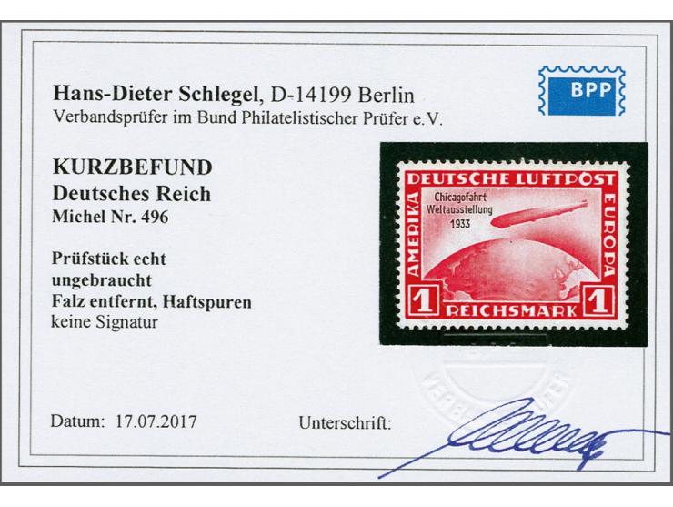 Chicagofahrt 1 mark rood, pracht ex. met certificaat Hans-Dieter Schlegel 2017, cat.w. 3400 (als **)