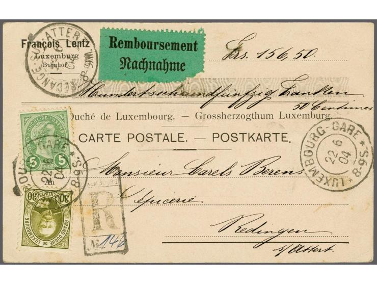 Adolf 5 centimes groen en 30 centimes olijfgroen op aangetekende Rembursement/Nachname briefkaart van Luxemburg 22-6-1904 naa