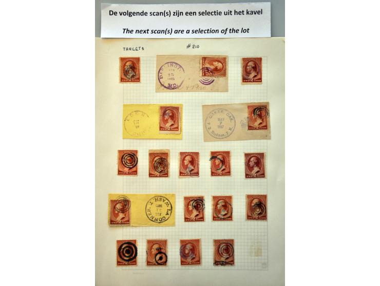 stempelcollectie op George Washington 2 cents roodbruin Scott nr. 210, totaal ruim 1000 ex. en enkele poststukken opgezet op 