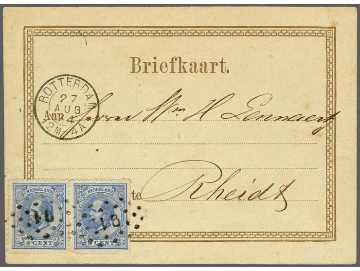Briefkaartformulier bruin met Koning Willem III 5 cent in paar, puntstempel 91, van Rotterdam 27 aug 74 naar Rheidt (Duitslan