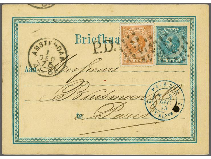 Briefkaart 5 cent met Koning Willem III met 15 cent, zegel en indruk (tegen voorschriften) puntstempel 5 van Amsterdam 1 dec 