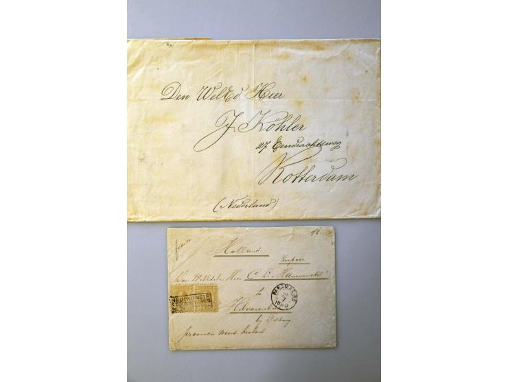 en Suriname, 6 betere poststukken meest met emissie 1873 w.b. Suriname nr. 6 in paar op envelop naar Hilvarenbeek (certificaa