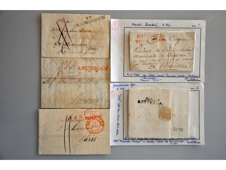 29 voorfilatelistische poststukken w.b. rood Hollande Troupes Faises, zwart 93 GEERTRUIDENBERG, DÉB. 119 ROTTERDAM, dienstbri