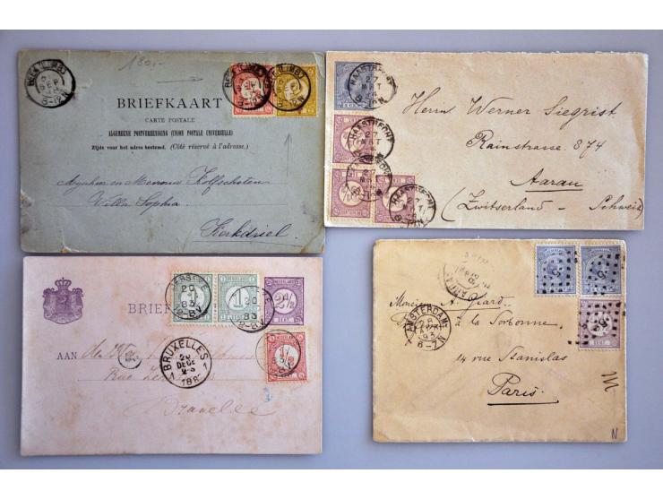 80 poststukken emissies Cijfer 1876-1894 en Wilhelmina Hangend Haar 1891 w.b. aangetekend, waarde, mengfrankering met postwaa