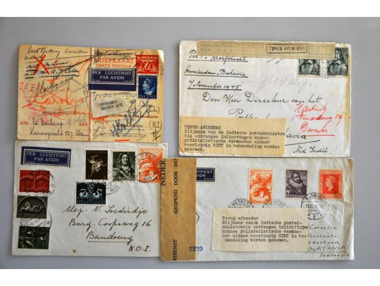 ruim 100 luchtpoststukken naar van/naar Nederl.-Indië 1945-1946 w.b. 6 met gestencilde strook terug afzenden... philatelistis