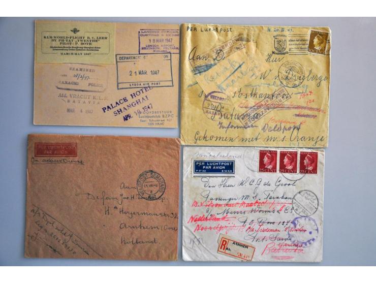 150 luchtpostenveloppen 1946-1949, gespecialiseerd op vlucht van/naar Nederl.-Indië, militair, noodstempels, retour en doorge