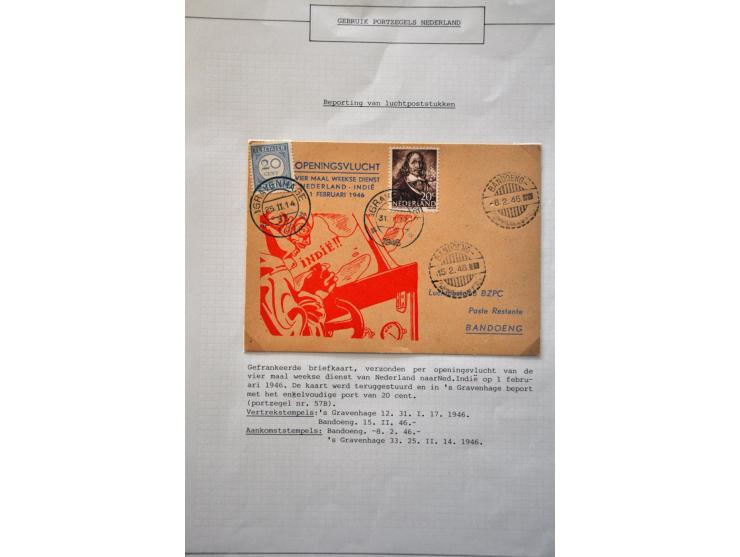 ruim 50 luchtpoststukken 1945-1948 van/naar Nederl.-Indië w.b. naar Nederland met port belast, noodstempels en hogere franker