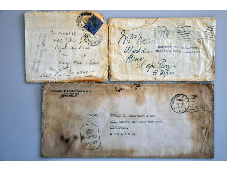 6 covers 1942-1945 with salvaged from/ air crash, (jan.1945), AVION ACCIDENT (11 jan.45 from Maroc to France), Damaged by imm