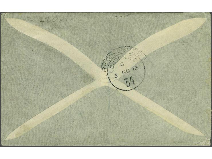 Edward VII 10s. green and red/green postmarked at Georgetown Grand Cayman 1913 on registered envelop via London to Paris, a f