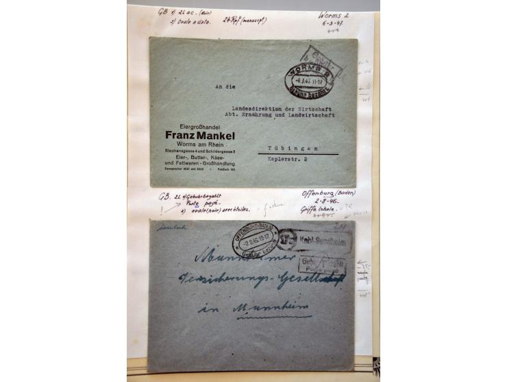 ruim 100 post(waarde)stukken 1945-1946 w.b. Gebühr bezahlt en Taxe Percue, Notausgaben, iets aangetekend etc. in doosje