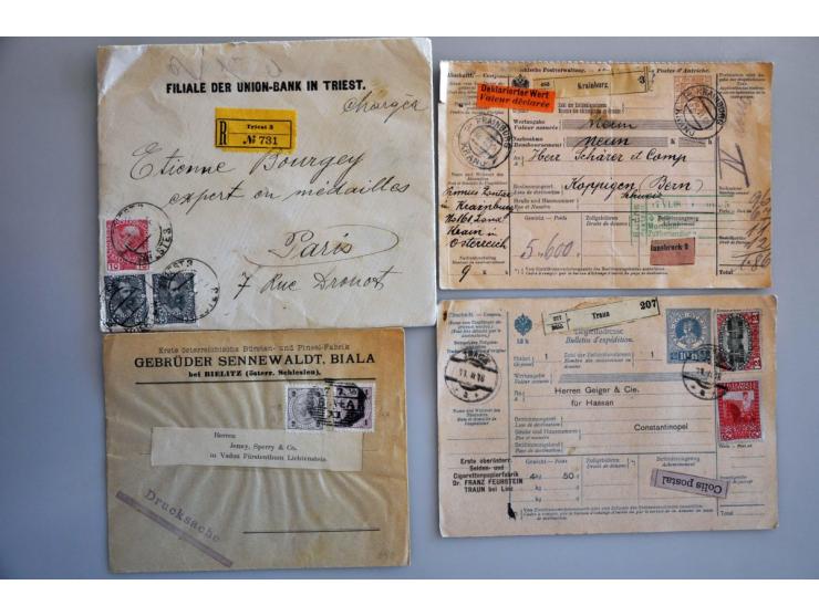 300 oude(re) poststukken w.b. briefkaarten, krantenzegels op complete kranten, oude fiscaalzegels op formulieren, pakketkaart