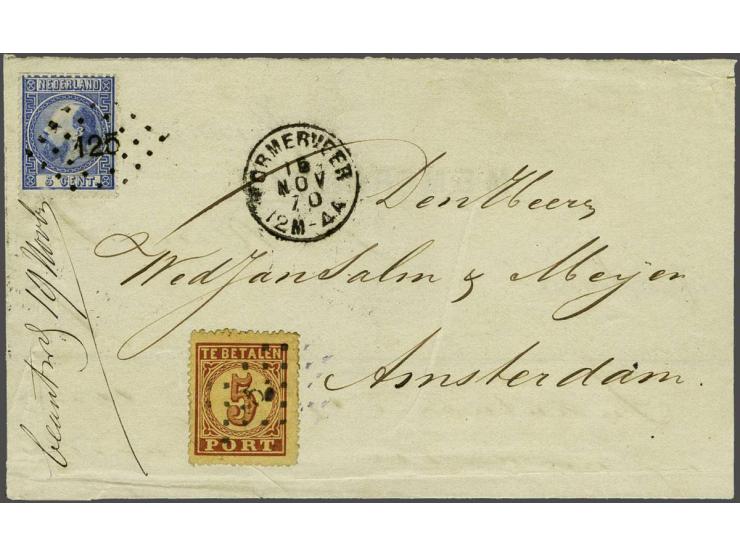 5 cent blauw type II tanding 13¼ x 14 kleine gaten op envelop van Wormerveer 15-11-1870 naar Amsterdam beport met 5 cent brui