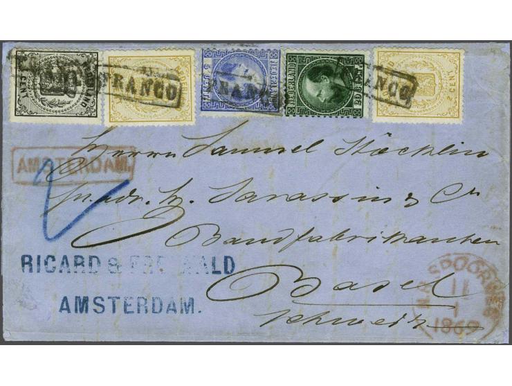 5 cent blauw type I tanding 12¾ x 11¾, 20 cent groen type I tanding 12¾ x 11¾, emissie Rijkswapen 1 cent zwart tanding 14 kle