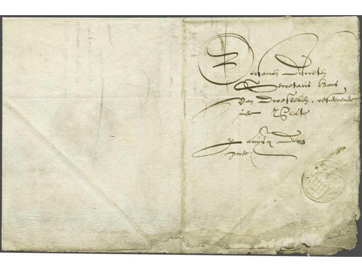 Complete brief (ouderdomssporen) van Den Haag 21 maart 1596 naar Ooltgensplaat met geschreven L en L'amijs ende dienaar, afze