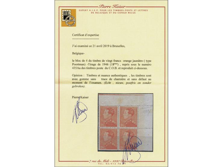 Leopold III type Poortman 20 frank bleekoranje in blok van 4 met hoekvelrand en certificaat Pierre Kaiser 2019, cat.w. 2000+