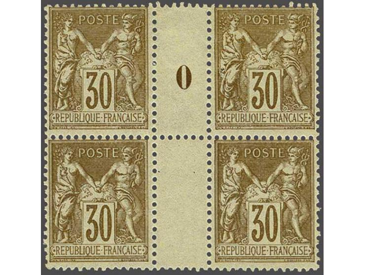 Paix et Commerce 30 centimes brown yellow type II in interpanneau block of 4 with millésime 0 and without millésime, very fin