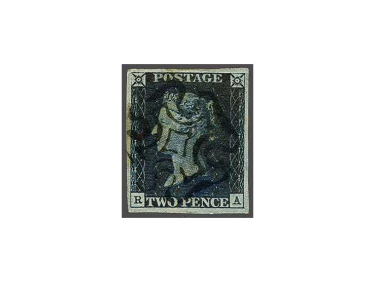 1840 two pence blue plate 1 lettered RA with crisp black Maltese cross, a very fine ex., cat.v. £ 950 