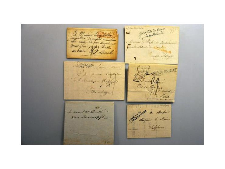 voorfilatelie 28 poststukken ca. 1800-1815 met portvrijdom en naamstempels w.b. FRANEKER en HARLINGEN en naamstempel/franco m