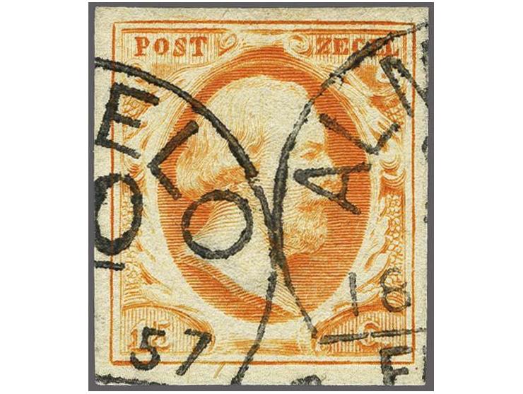 Almelo C (Ey R) dubbele afdruk op 15 cent donkeroranje, pracht ex. Herkomst: collectie Eduard (2002)
