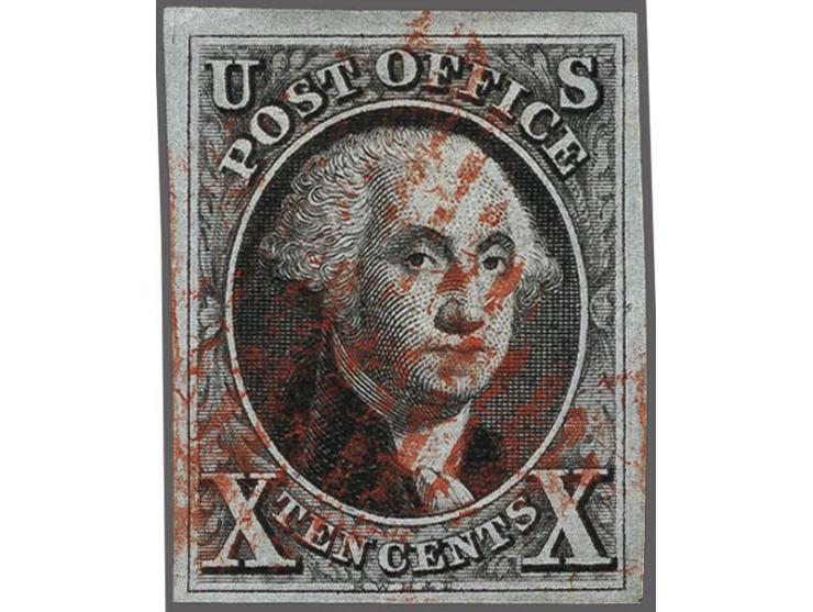 George Washington 10 cents black with red grid cancellation, fine/very fine (tiny pressed out fold), cat.v. $ 825
