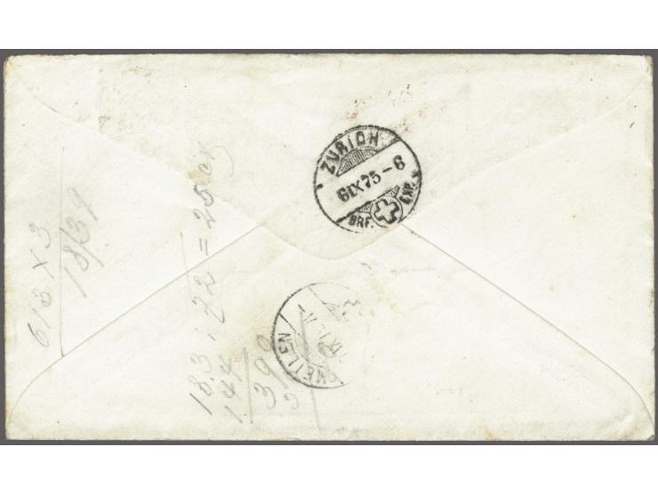 Edwin Stanton 7 cents vermillion without secret mark on cover 3 cents green type U25 from New York ?-8-1875 over Zürich to Me