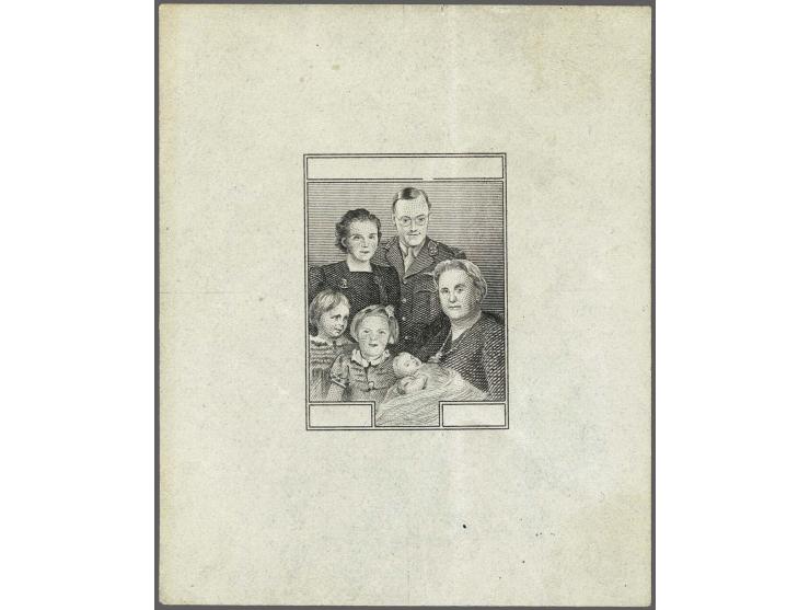 Ongetande stempelproef in zwart van de Koninklijke Familie zonder landsnaam, waardecijfer en muntsoort op velletje dun papier