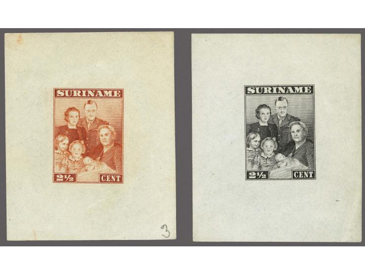 Ongetande stempelproeven in zwart en oranje van de Koninklijke famile 2½ cent op velletjes dun papier met gom, pracht ex. (de