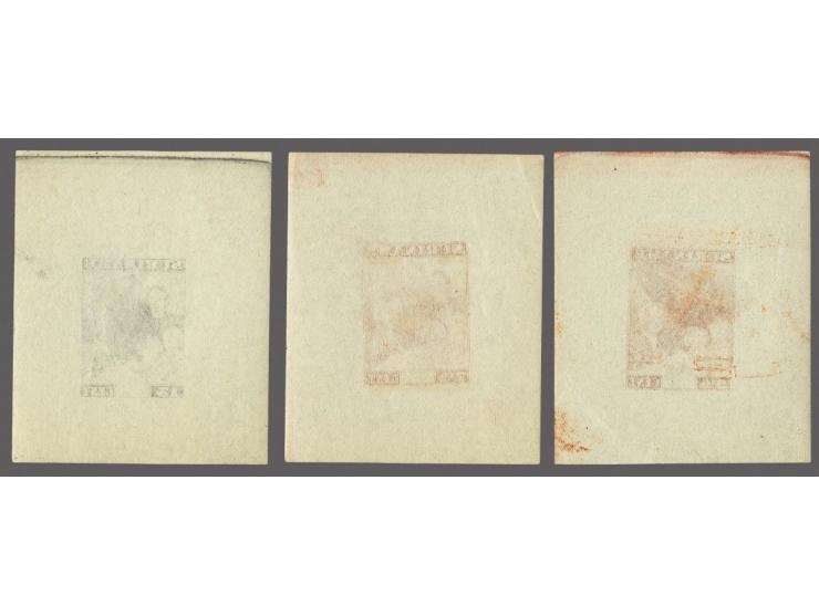Ongetande stempelproeven van de Koninklijke Familie 2½ cent oranje, 7½ cent rood en 15 cent zwart op velletjes dun papier met