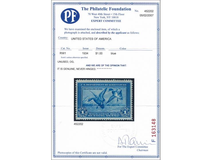 Mallards Alighting 1 dollar blue, very fine unmounted mint with 2007 Philatelic Foundation certificate, cat.v. $ 750
