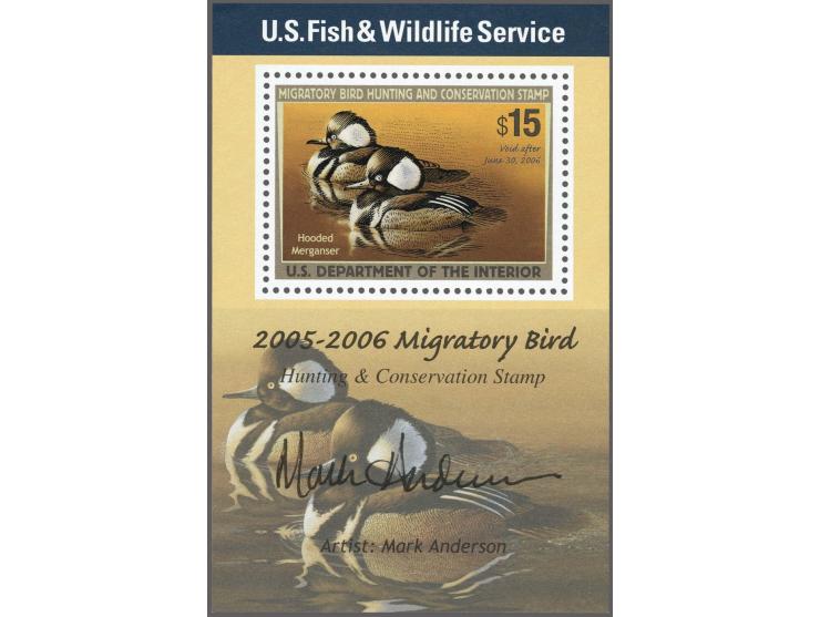 Hooded Mergansers 15 dollars multicolored in souvenir sheet of 1 with artist's signature, very fine unmounted mint, cat.v. $ 