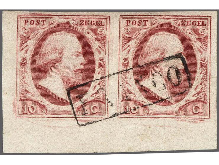 10 cent rood plaat X pos. 21-22 op dik papier in paar met hoekvelrand, pracht ex.