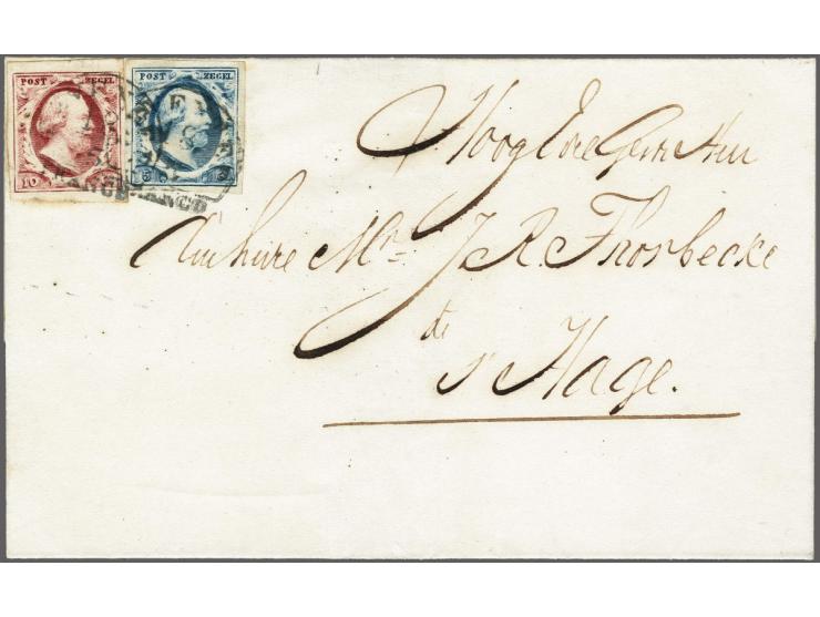 5 cent blauw plaat I pos. 61 en 10 cent karmijn plaat I pos. 5 op briefomslag van Deventer 18-5-185? naar Den Haag, fris prac