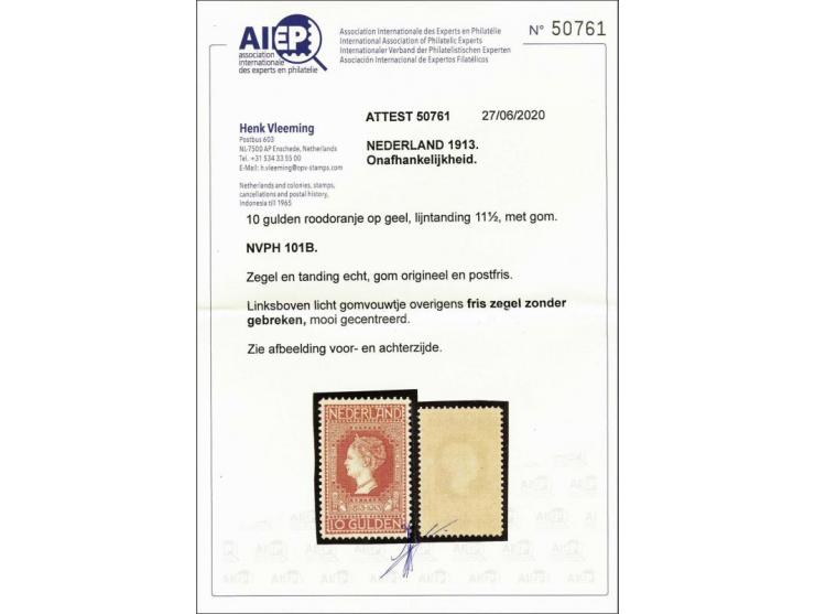 10 gulden roodoranje op geel, mooi gecentreerd met certificaat Vleeming 2020 (onbeduidend gomvouwtje), cat.w. 2250