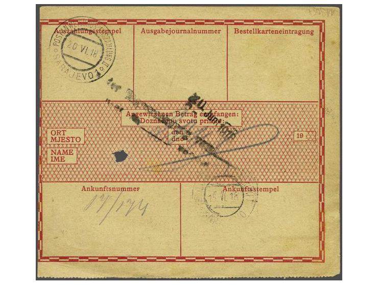 Karl I 30 heller black green on "Auftragspostanweisung" from Bugojno 13-6-1918 to Sarajevo, fine/very fine (pinhole probably 