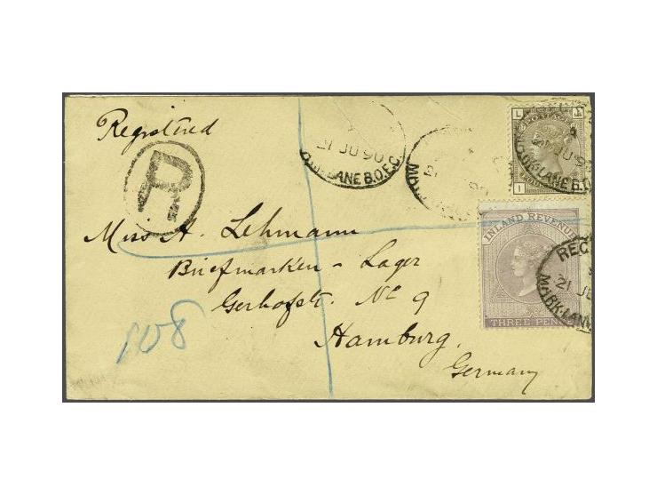 Inland Revenue 3d. reddish lilac (perf 15½x15) together with the 4d. grey-brown plate 17 on a registered cover from Mark Lane