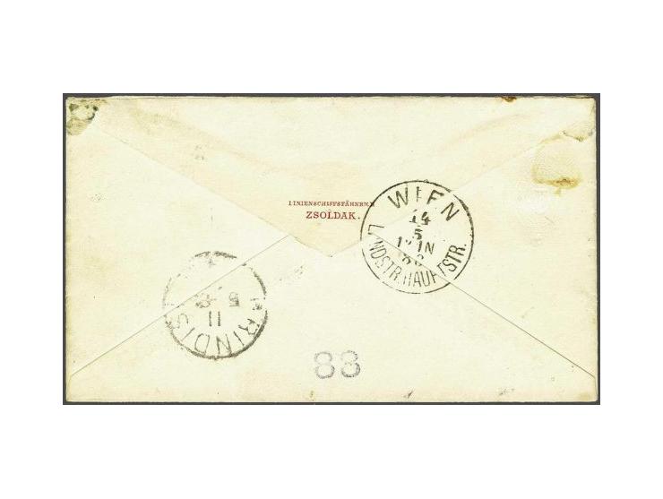 Straight Settlements five cents blue and three cents on 32 cents magenta, on envelope, preprinted S.M. FASANA, written by Ger