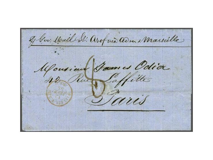 Complete letter Port Louis 9 Janvier 1858 to Paris, written p Gov: Mail St. Arof via Aden & Marseille, at reverse oval packet