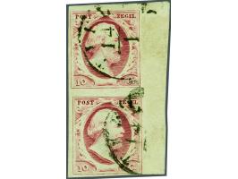 10 cent karmijn plaat I pos. 70-75 in verticaal paar met velrand, pracht ex.