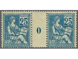 Mouchon 25 centimes blauw type I in paar met tussenstrook met Millésime 0, zegels postfris doch miniem plakkerspoortje op tus
