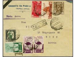 Struisvogel 10 centesimi donkerlila (2x) en andere zegels op bontgefrankeerde luchtpostenvelop van Tripoli 20-3-1933 naar Wen