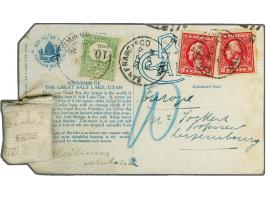 10 cent port op kaart uit San Francisco met 2 ex. 2 cents naar Luxemburg met zakje zout The Great Salt Lake Utah