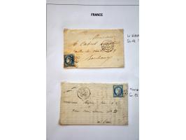40 poststukken met 25 centimes Yv. nr. 60B (blauw driehoekje rechtsboven) w.b. plaatfouten en stempels op bladen