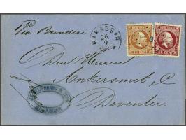 Willem III 10 cent oranjebruin tanding 13¼ x 14 kleine gaten en 50 cent karmijn tanding 13¼ x 14 op envelop van Makasser 26-9