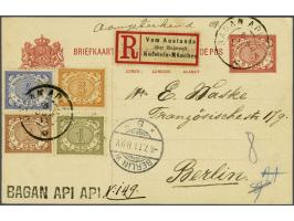 Cijfer 1 cent olijfgroen, 2 cent bruin, 3 cent oranje en 4 cent ultramarijn op aangetekende briefkaart G. 17 met grootrondste