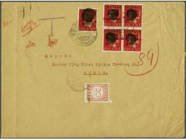 Queen 10 cent with Sumatra machine overprint, black disk (2 different sizes) and Rep. Indonesia in violet (5x including block